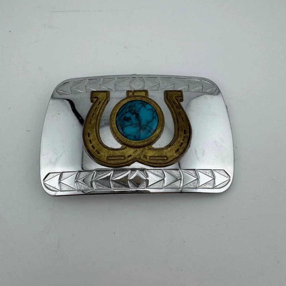 Belt Buckle Silver Tone Western Horseshoe Faux Turquoise Etched